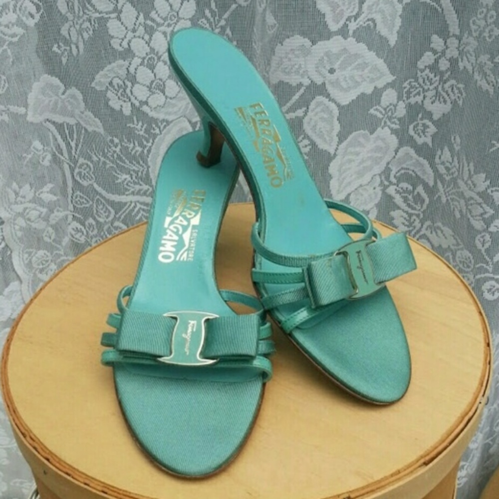 Salvatore Ferragamo Aqua Heels with Bow Accent